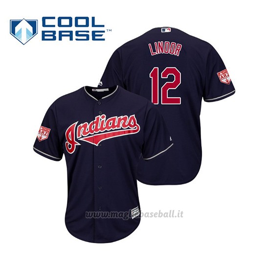 Maglia Baseball Uomo Cleveland Indians Francisco Lindor Cool Base Entrenamiento De Primavera 2019 Blu